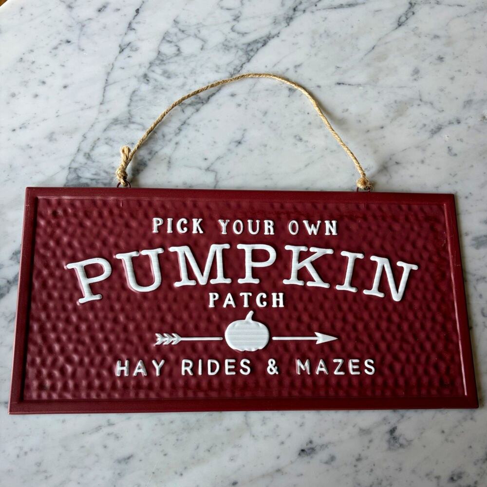 Pumpkin Patch Metal Hanging Wall Sign, Burgundy/White Rectangle Decorative Fall